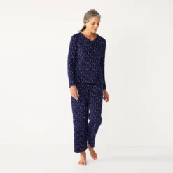 Women's Croft & Barrow® Textured Knit Henley Long Sleeve Pajama Top & Pajama Pants Sleep Set