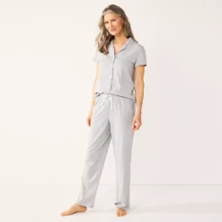 Women's Croft & Barrow® Short Sleeve Pajama Shirt & Pajama Pants Sleep Set -women fashion 5567538 ALT2