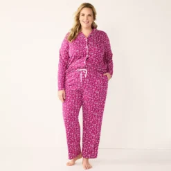 Plus Size Croft & Barrow® Long Sleeve Pajama Shirt & Pajama Pants Sleep Set -women fashion 5567539 ALT2