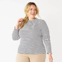 Plus Size Croft & Barrow® Long Sleeve Ruffle Neck Top
