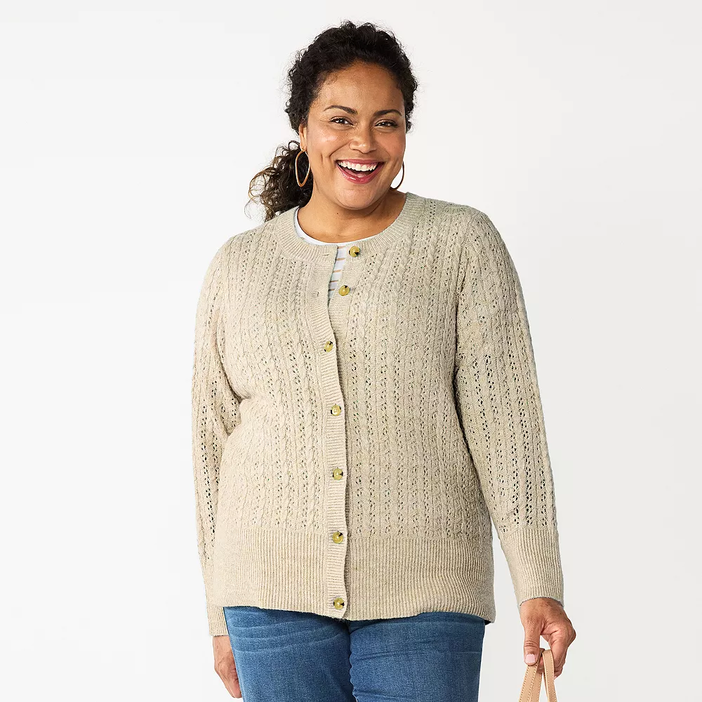 Plus Size Croft & Barrow® Stitch Crewneck Cardigan 1 Plus Size Croft & Barrow® Stitch Crewneck Cardigan